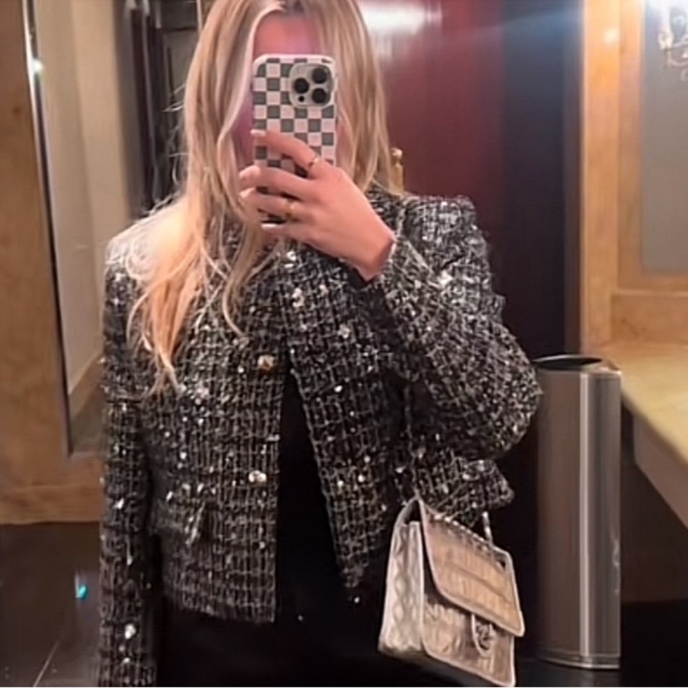 Zara Black Tweed Jacket with Shimmer Details NWT